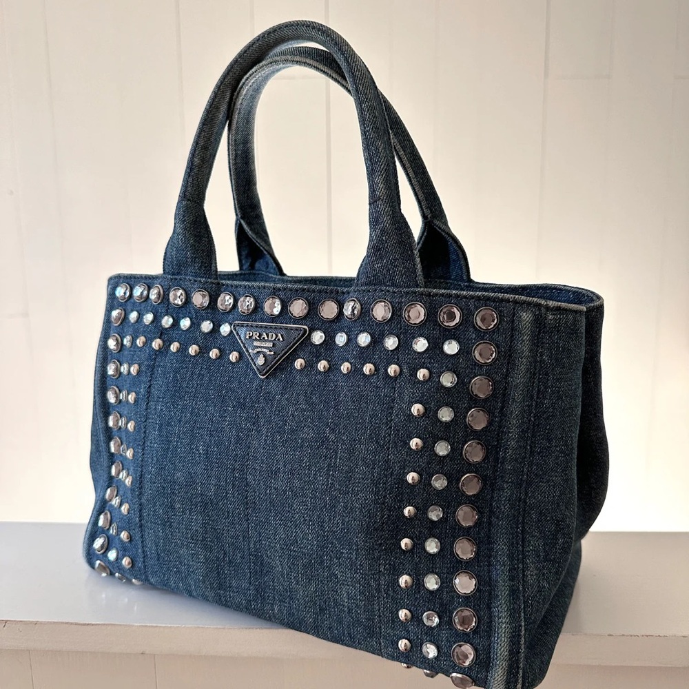 Prada Denim Blue Studded Tote Bag